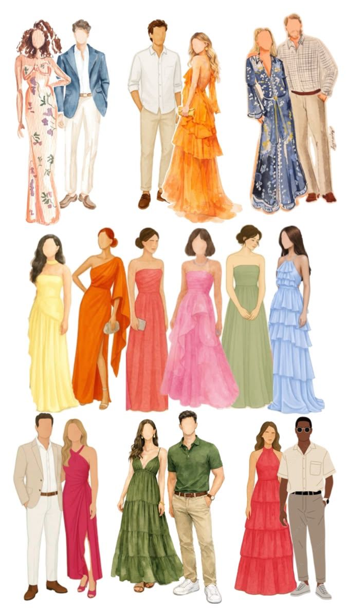 Watercolour sketches of outfit ideas: long dresses in coral, amber, pink, sage, butter yellow and sky blue, and men in linen shirts, chinos and light jackets in cream, beige and navy.